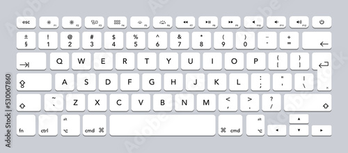 Computer keyboard. White keyboard entry set with letters and numbers. Vector isolated mockup. Bright buttons with letters and numbers. Vector illustration.
