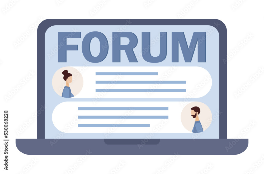 Online forum on laptop icon. Communication, dialogue, internet chat, social media, networking, group community. Vector flat illustration Online forum on laptop icon. Communication, dialogue, internet chat, social media, networking, group community. Vector flat illustration