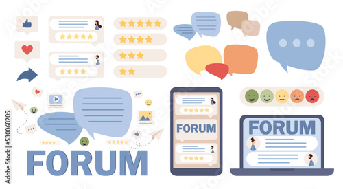 Online forum icon set. Communication, dialogue, internet chat, social media, networking, group community. Vector flat illustration 