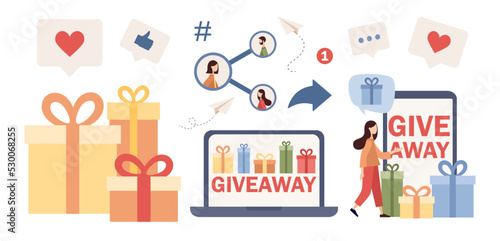 Giveaway icon set. Gift boxes. Social network promo, gift advertisement, surprise package, follower reward for like or repost concept. Vector flat illustration 