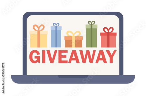 Giveaway text on laptop screen. Gift boxes icon. Social network promo, gift advertisement, surprise package, follower reward for like or repost concept. Vector flat illustration 