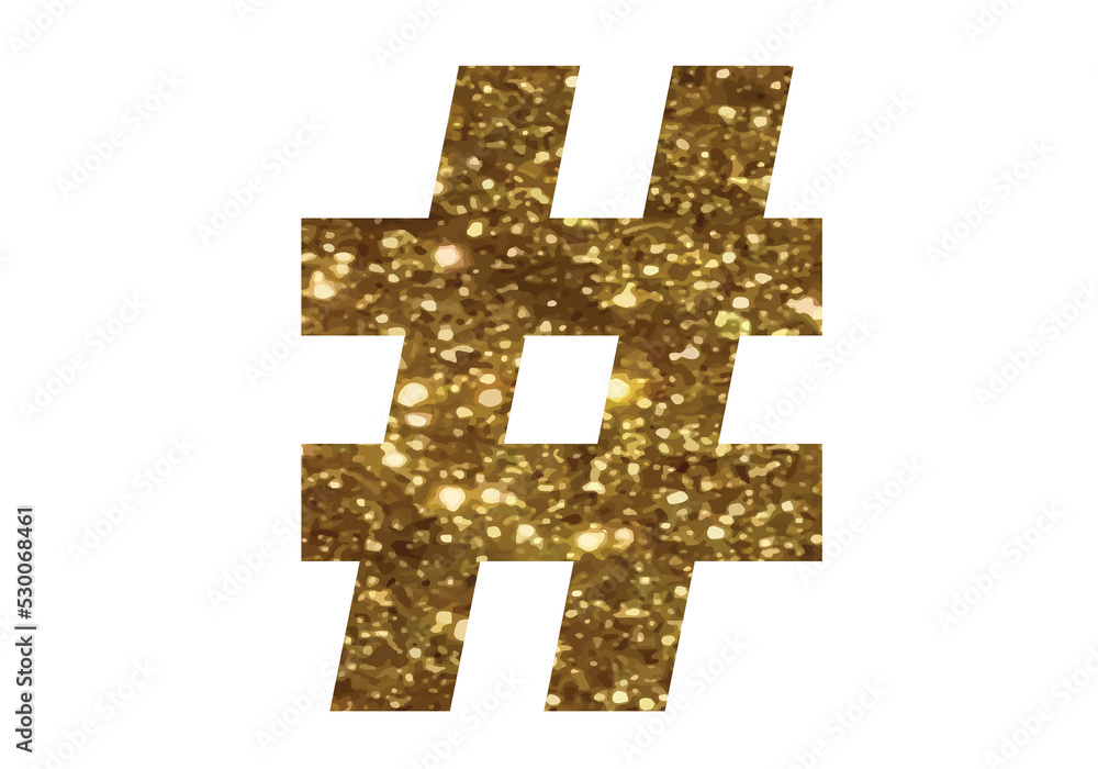 Obraz premium Gold glitter of isolated word HASHTAG symbol on transparent background