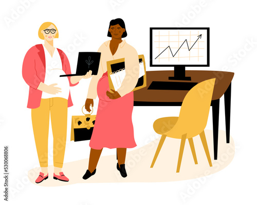 Pregnant women communication in the office.  Expectant mothers combining work and motherhood. Vector flat illustration