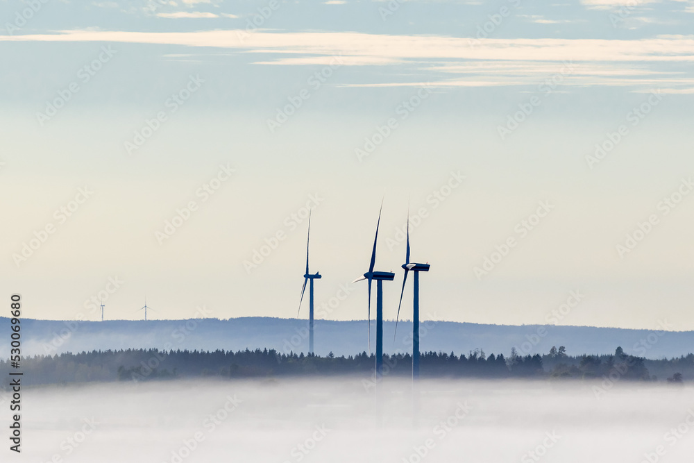 Group with wind turbines in a rolling misty landscape