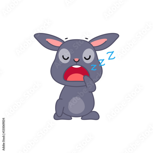 Cute sleepy bunny. Flat cartoon illustration of a funny little black rabbit yawning isolated on a white background. Vector 10 EPS.