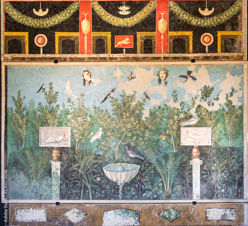 Fotografie Close-up on colorful ancient roman fresco decorating house wall in Pompeii showi