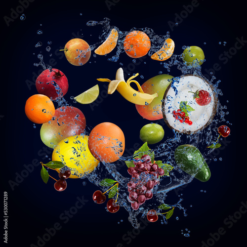 Wallpaper, panorama with fruits in the water - coconut, tangerine, pear, banana, melon, grapes, lime are very tasty and filled with vitamins