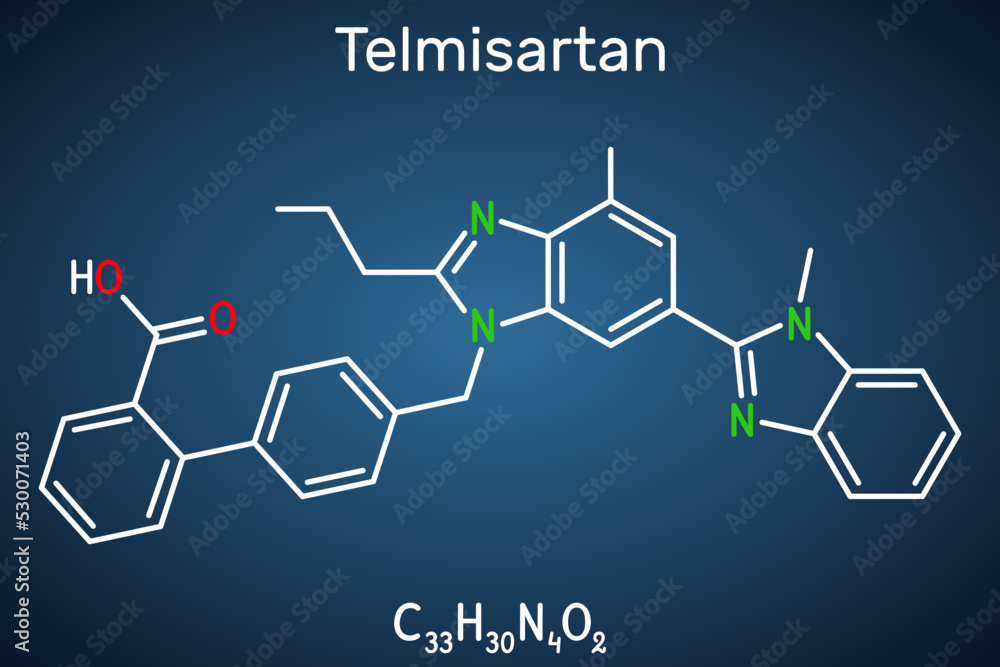 Telmisartan molecule. It is medication used to treat high blood pressure, heart failure. Structural chemical formula on the dark blue background