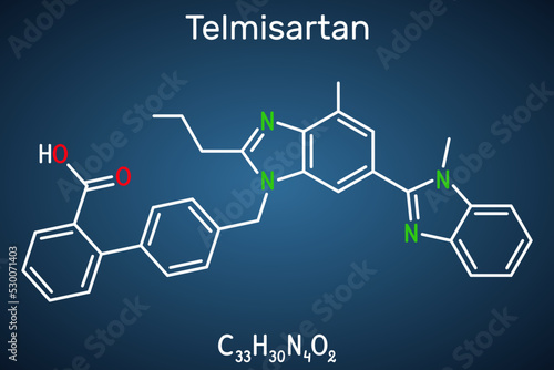 Telmisartan molecule. It is medication used to treat high blood pressure, heart failure. Structural chemical formula on the dark blue background