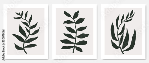 Abstract wall art vector set. Design with a branch of leaves, leaves, foliage, in dark color on a beige background. Botanical painting for wall decoration, interior decoration, prints, cover and post