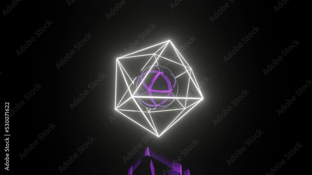 Neon glowing abstract 3d model rotates in a dark space with reflections on the floor. Realistic 3d concept with geometric shapes Neon glowing abstract 3d model rotates in a dark space with reflections on the floor. Realistic 3d concept with geometric shapes