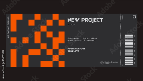 Modern exhibition ticket template layout made with abstract vector geometric shapes. Brutalism inspired graphics. Great for branding presentation, poster, cover, art, tickets, prints, etc.