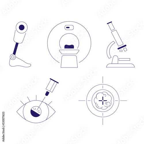 Set of vector icons on medical topics prosthetics, laser vision correction, microscope, MRI, and radiation therapy