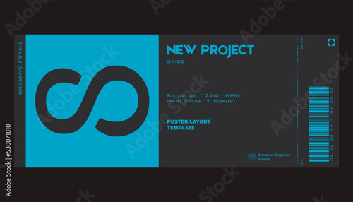 Modern exhibition ticket template layout made with abstract vector geometric shapes. Brutalism inspired graphics. Great for branding presentation, poster, cover, art, tickets, prints, etc.