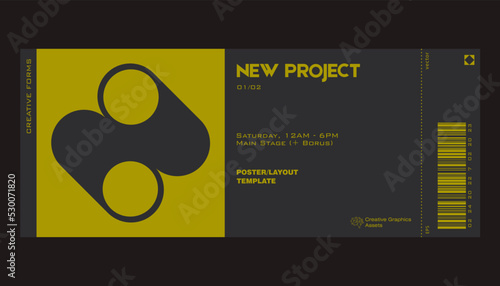 Modern exhibition ticket template layout made with abstract vector geometric shapes. Brutalism inspired graphics. Great for branding presentation, poster, cover, art, tickets, prints, etc.