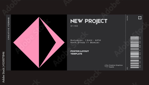 Modern exhibition ticket template layout made with abstract vector geometric shapes. Brutalism inspired graphics. Great for branding presentation, poster, cover, art, tickets, prints, etc.