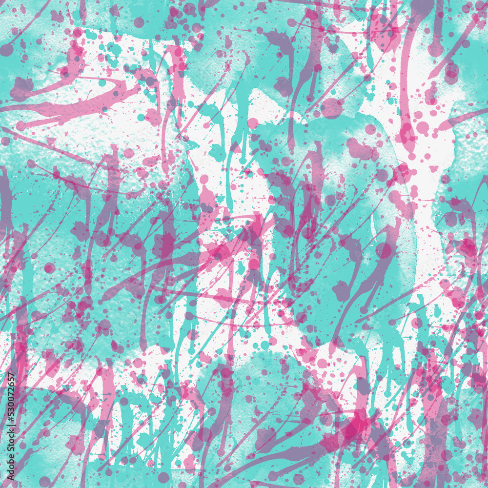 A seamless pattern with colorful paint splatters on a white background.