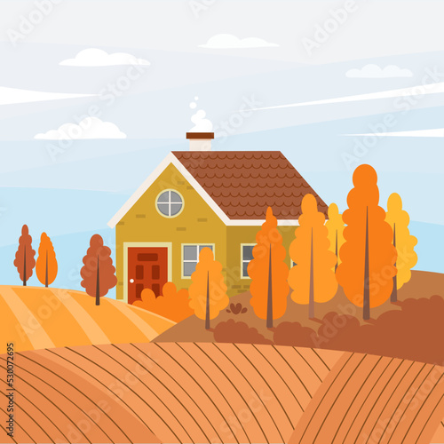 Autumn rural landscape with cute peasant house. Colorful house among the trees. Rustic seasonal scenery with cozy cottage. Fall seasonal vector illustration in flat style