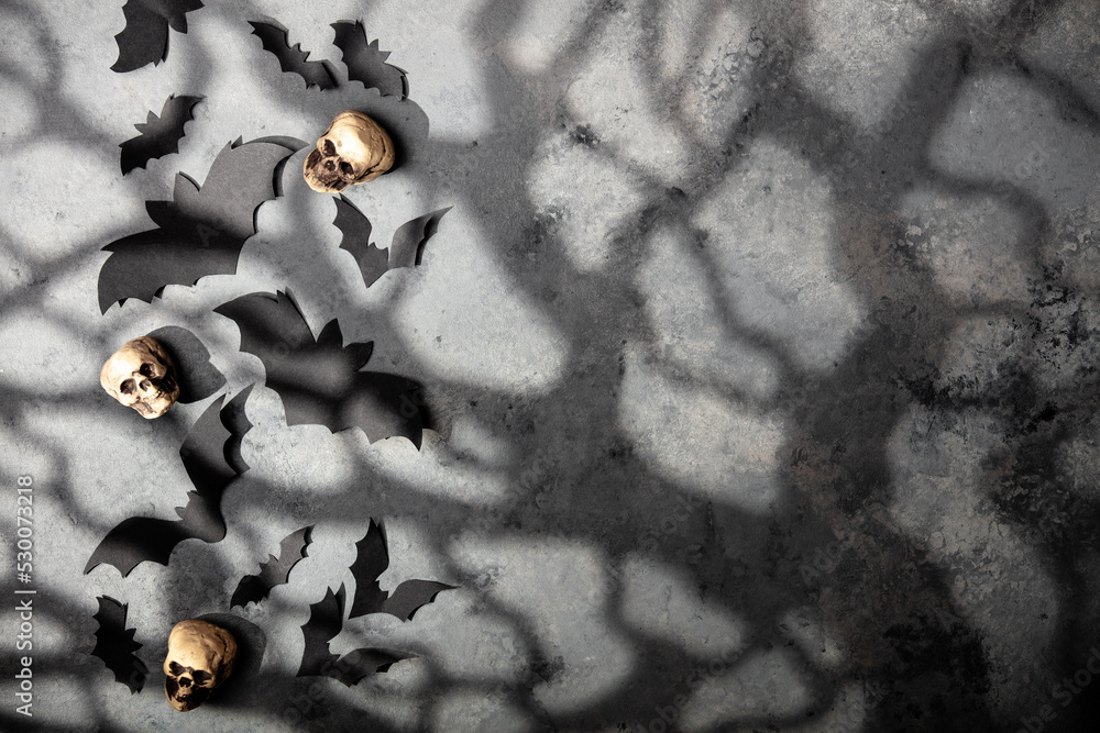 Obraz premium Halloween decoration concept - black paper bats, sculls, moonlight and scary trees shadows background