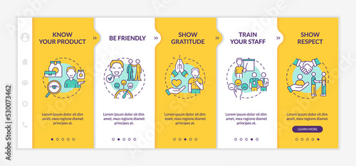 Customer service yellow onboarding template. Excellent client support. Responsive mobile website with linear concept icons. Web page walkthrough 5 step screens