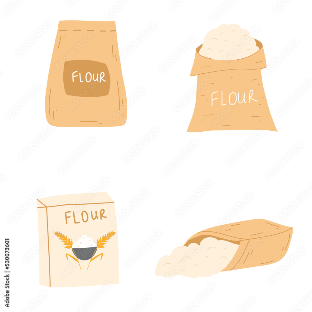 Set of burlap bags of flour in cartoon flat style. Vector illustration of sacks with wheat, farming food element Set of burlap bags of flour in cartoon flat style. Vector illustration of sacks with wheat, farming food element