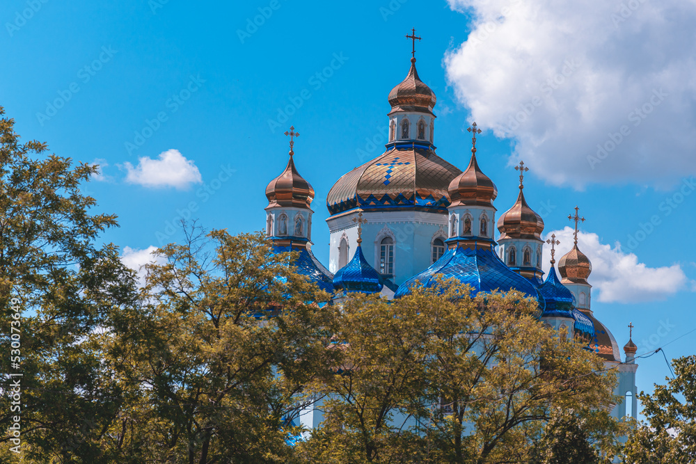 Spaso-Preobrazhensky Cathedral against the blue sky. Ukraine, Krivoy Rog. Urban landscape. Close-up of the church. Religion.