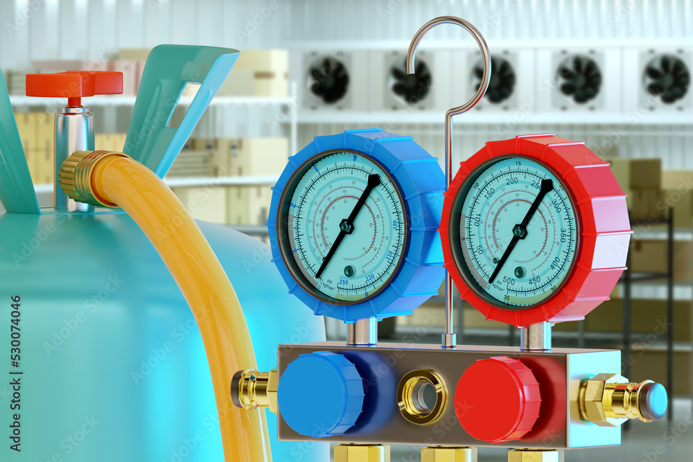 Foto de Industrial fridge equipment. Coolant gas cylinder inside fridge