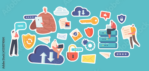 Set of Stickers Cloud Data Safety. Internet Security, Privacy, Protection, Virtual Private Network Cartoon Patches