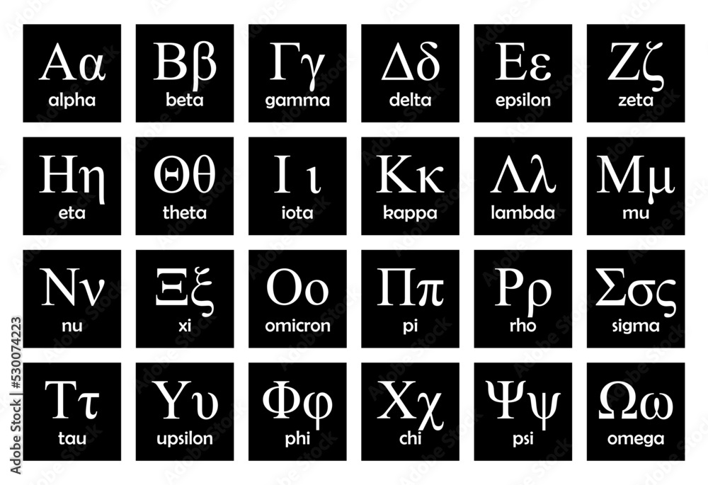 Greek Alphabet and Symbols (Useful for Education and Schools), vector illustration. They are