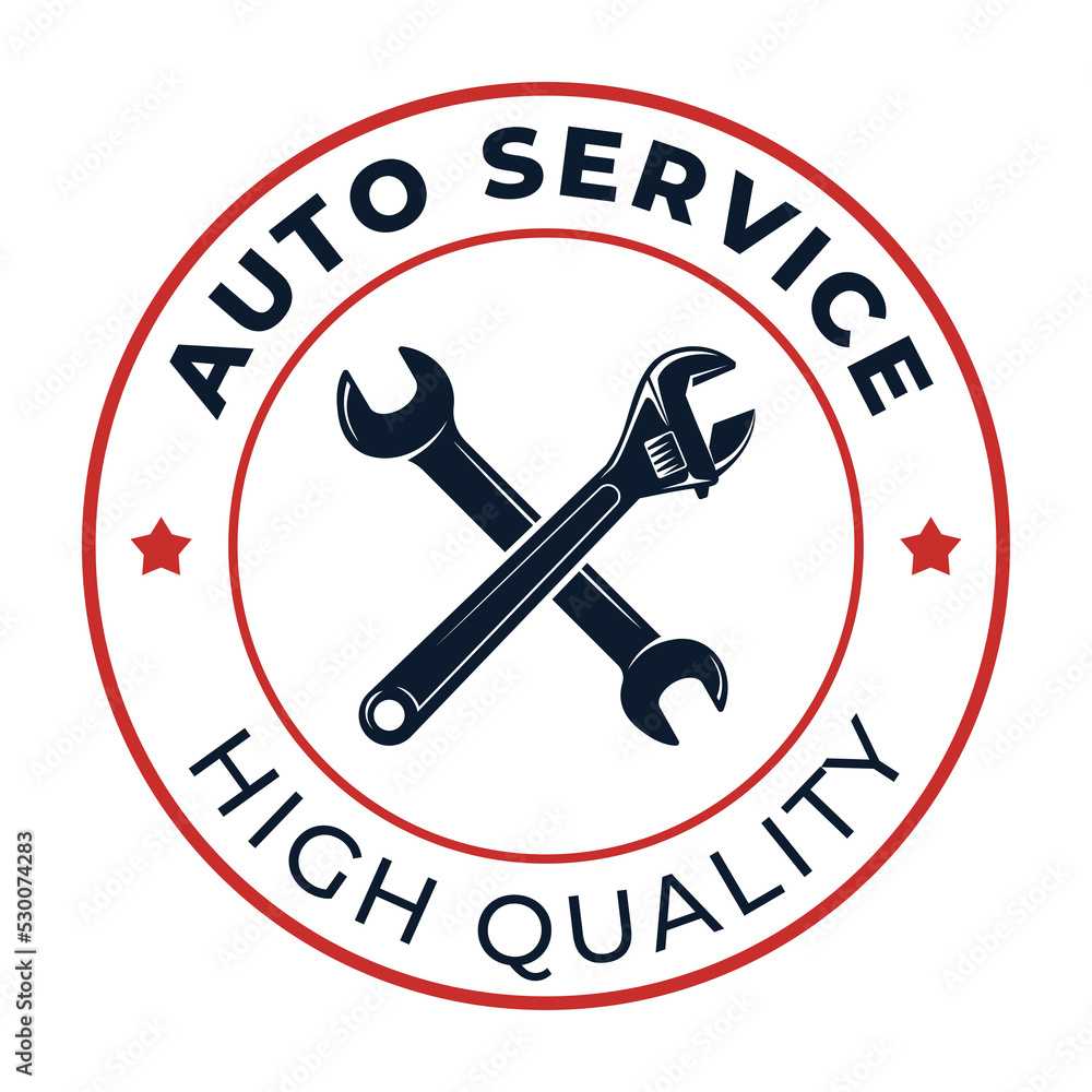 Auto service label. Badge of quality car repair. Vector logo with wrench Auto service label. Badge of quality car repair. Vector logo with wrench