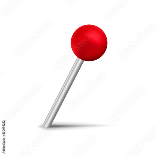 Red pin icon. Attach button on needle, pinned office thumbtack and paper push pin. Vector illustration