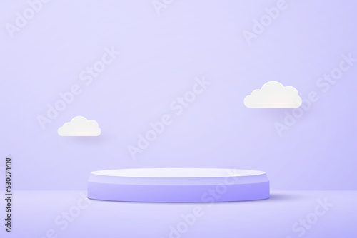 Pastel purple 3d podium on light purple background and paper cut clouds. Vector illustration 