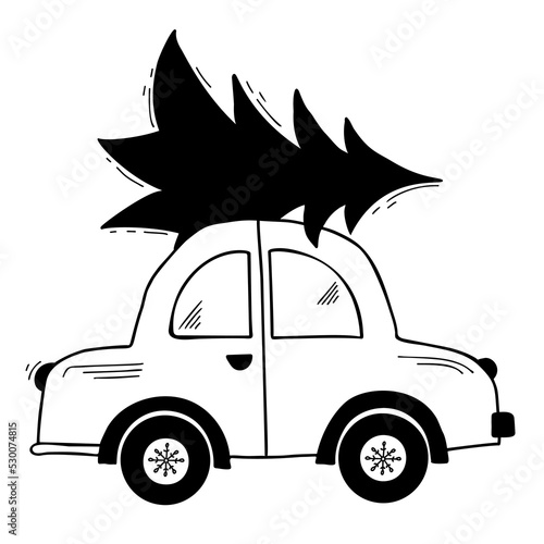 Car with christmas tree. Cute winter transport. Vector hand drawn doodle for christmas and New Year decor, cards, colorize picture