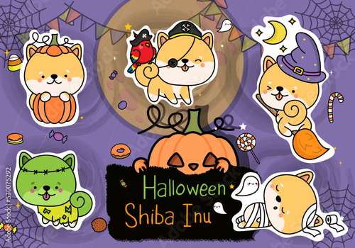 Set of Halloween Stickers. Collection of Halloween Puppy Clipart illustrations. Beautiful Clip Art Halloween Shiba Inu Dog. Set of Five Animals Vector Illustrations, for Halloween Stickers
