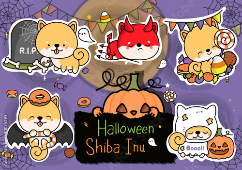 Halloween Sticker Pack. Set of Clipart Halloween Shiba Inu Illustrations. Cute Clip Art Halloween Dog. Set of Five Animals Vector Illustrations, for Halloween Stickers
