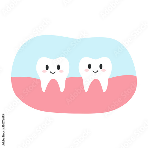 Two cute smiling healthy teeth characters in cartoon flat style. Vector illustration of dental health concept, oral hygiene