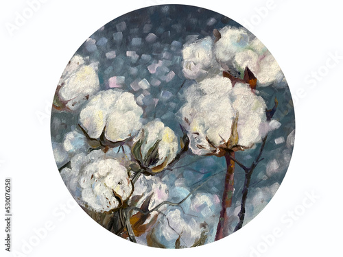 Round painting. Original oil painting. Painted white cotton. Gray background. Interior painting. 
