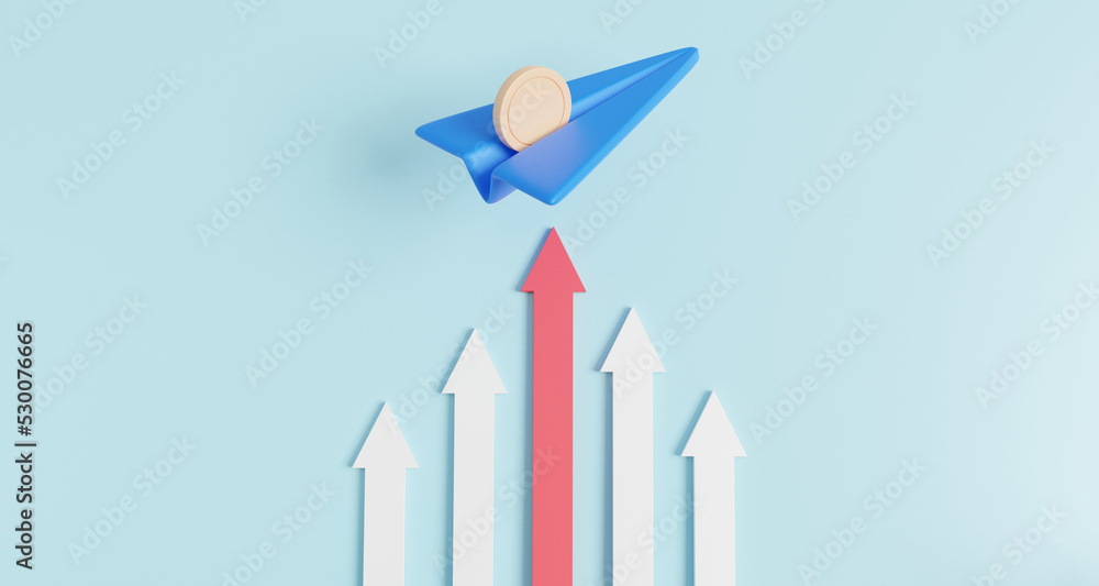 Fototapeta premium 3D growth business statistics finance chart graph analytics Optimization development investment. Blue paper airplane with coin target growth Growing future startup concept. 3d render illustration