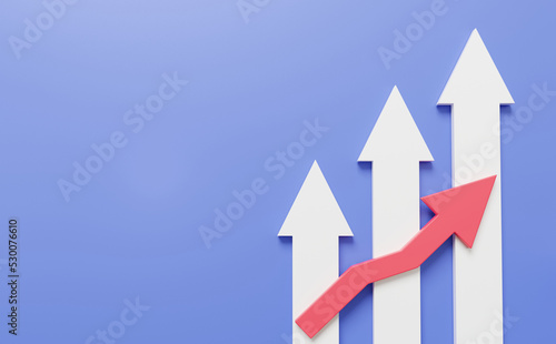 Progress graph stock market To investment business development concept. Rising arrow data analytics Optimization growth statistics finance, Growing bars on purple background. 3d render illustration
