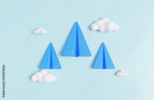 Paper airplane leader red with clouds sky blue background Minimal cartoon style creative vision leadership concept. target growth Growing future startup  innovation education. 3d render illustration