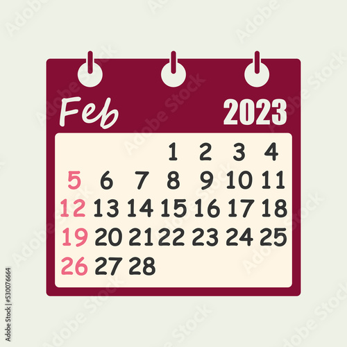 February 2023 Wall Hanging Calendar Icon, Study Work Business Schedule Agenda Symbol,. new year 2023 isolated vector illustration