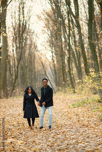 Loving black couple walking in park and enjoying autumn day