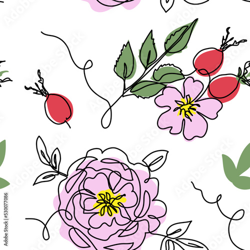 Rosehip, dog rose, briar, rosa canina, wild rose vector seamless pattern. One continuous line art drawing of flowers and berries, rosehip pattern
