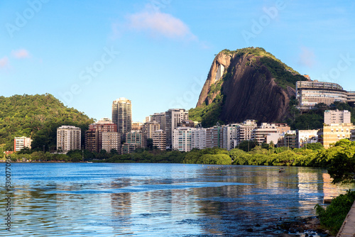 Rio de Janeiro, Brazil. Panoramic view of Ipanema neighborhood and Cantagalo hill. View from the Rodrigo de Freitas lagoon. photo