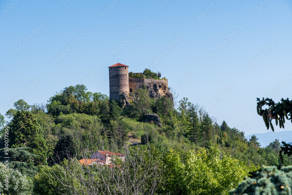 Gros plan du château de Busséols perché en haut de sa montagne avec sa tour de défense par une journée d'été sur le chemin de randonnée de Mirefleurs dans le puy de dôme Gros plan du château de Busséols perché en haut de sa montagne avec sa tour de défense par une journée d'été sur le chemin de randonnée de Mirefleurs dans le puy de dôme