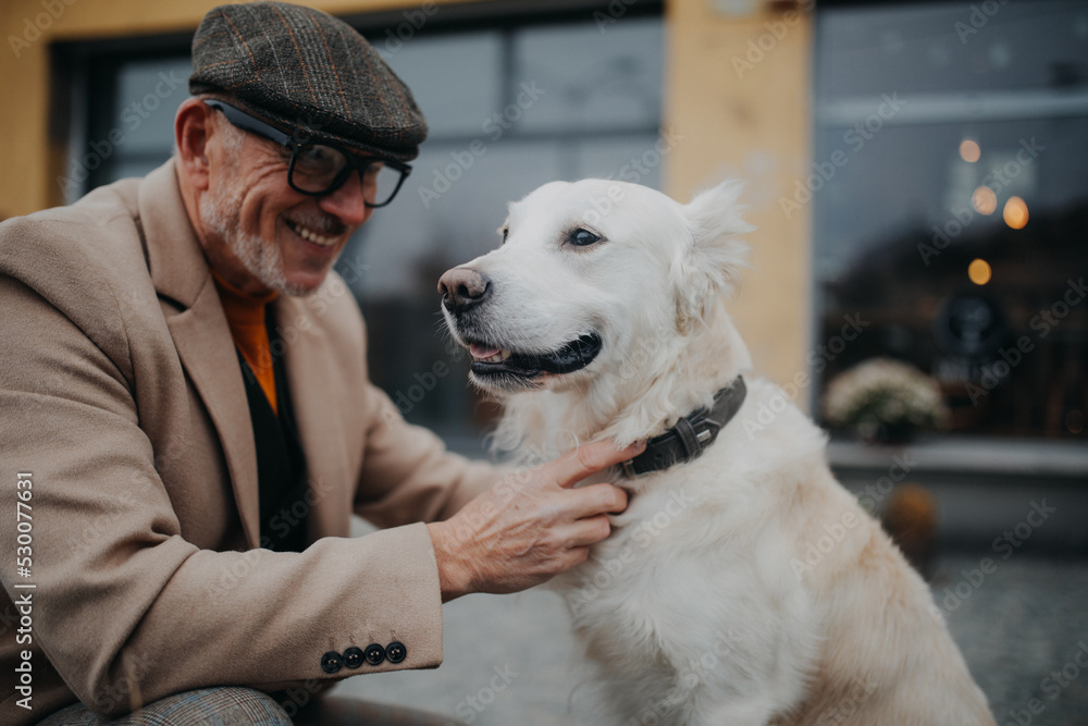 Happy senior man giving collar his dog during walk outdoors in city. Happy senior man giving collar his dog during walk outdoors in city.