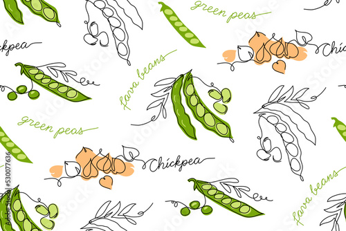 Legumes, beans vector pattern for vegan food packing, label design. One continuous line art drawing legumes pattern with lettering