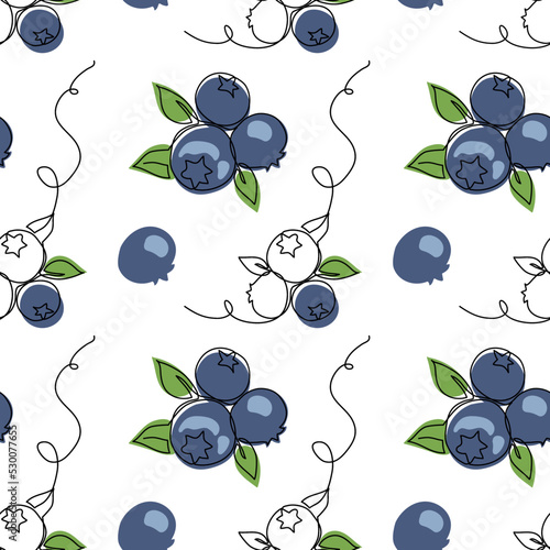 Blueberry,bilberry vector pattern. One continuous line art drawing of blueberry pattern