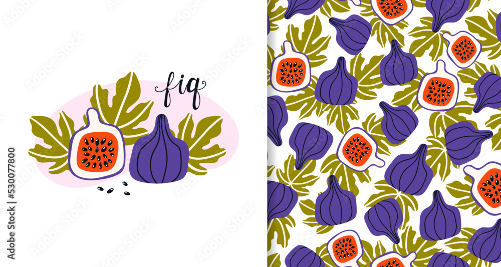 Stylized figs and fig leaves. Vector set of poster and seamless pattern. Cartoon fruits