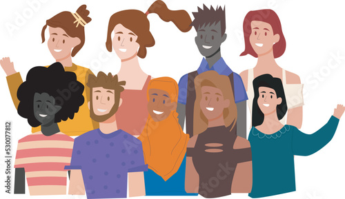 International friendship flat vector illustration. Young diverse people group standing together cartoon characters. Multiethnic unity and peace concept. Diversity and social togetherness idea.